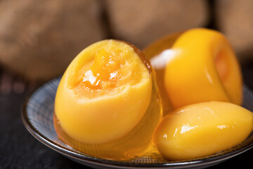 close up of preserved chicken eggs on table.