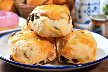 Closeup of a heap of raisin cheese scone  