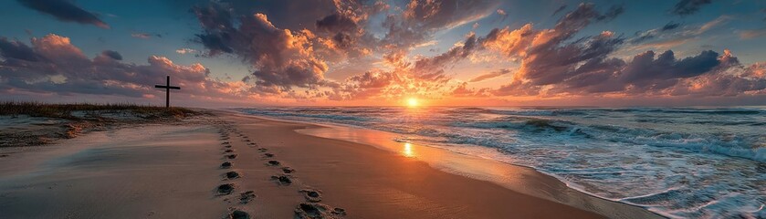 Fototapeta premium Cross on beach with footprints at sunset concept. Stunning beach sunset with vibrant colors and gentle waves.