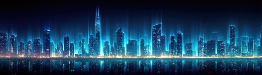 Obraz premium Futuristic skyscraper wireframe with digital complexity concept. Futuristic city skyline illuminated by vibrant neon lights.