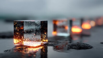 Abstract image of glowing cubes in water with bokeh effect and a dark background