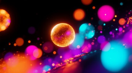 A vibrant, glowing sphere pulses with golden particles against a backdrop of colorful bokeh lightsneon purples, blues, and oranges shimmering in the dark. A cosmic, energetic scene full of motion and 