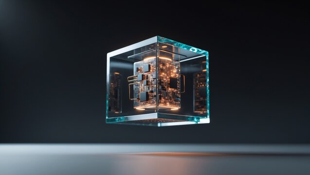 Futuristic technology circuit board inside glass cube innovation concept high tech industry design