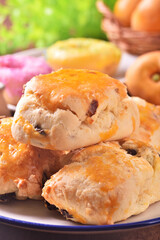 Closeup of a heap of raisin cheese scone  