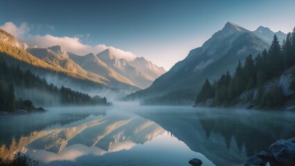 Serene lake mountain landscape scenic view nature reflection calm water peaceful tranquil beautiful morning light