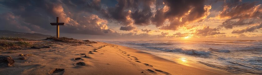 Naklejka premium Cross on beach with footprints at sunset concept. Serene beach landscape with cross under a colorful sunset sky.
