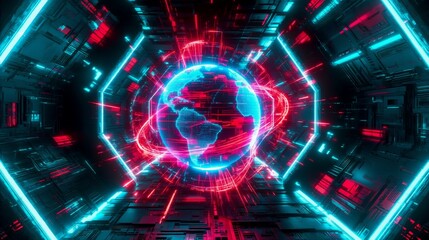 A futuristic cybernetic tunnel with glowing red and blue neon lights leads to a digital Earth at the center, symbolizing global connectivity in a high-tech data network.