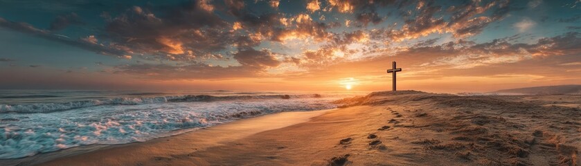 Fototapeta premium Cross on beach with footprints at sunset concept. A serene beach sunset with a cross symbolizing peace and reflection.