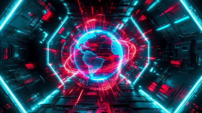 A futuristic cybernetic tunnel with glowing red and blue neon lights leads to a digital Earth at the center, symbolizing global connectivity in a high-tech data network.