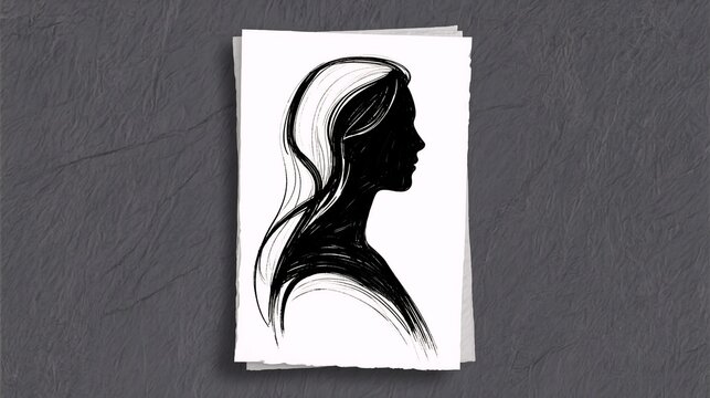A striking black-and-white silhouette of a womans profile, rendered in expressive brushstrokes on textured paper against a dark gray background. The flowing hair and graceful line evoke elegance and m - Powered by Adobe