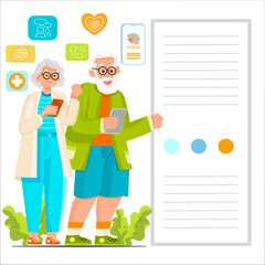 Elderly couple standing and reading online health information using a smartphone and tablet. Concept of smart aging, digital connection, online medical data, and health awareness for older generations