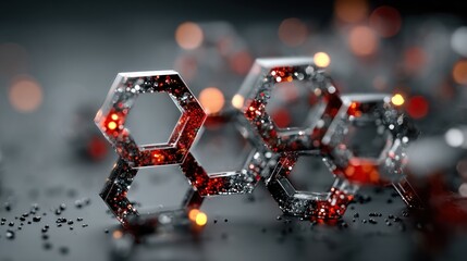 Abstract illustration of a molecular structure with sparkling red and silver elements
