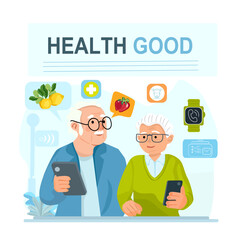 Illustration of older adults using smart devices to monitor health and nutrition. Elderly people wearing smartwatches and using apps to track food, fitness, and wellness data. Concept of digital healt