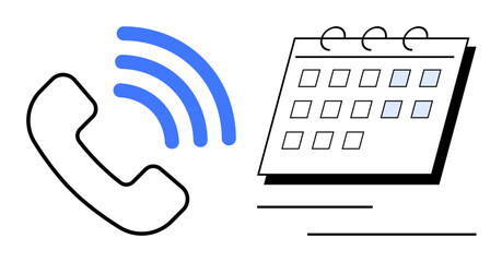 Black phone icon with blue sound waves next to a simple calendar. Ideal for communication, scheduling, planning, time management, meetings, appointments, organization, simple flat metaphor
