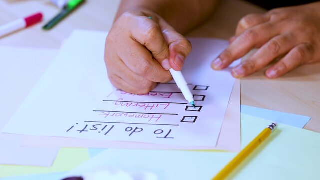 Hand Checking Off Tasks on To-Do List with Marker