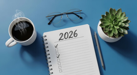 2026 planner checklist leadership business goals finance morning planning with coffee glasses succulent and pen creating focused productivity and ambition