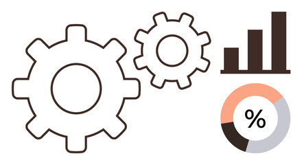 Gears adjacent to bar and pie charts emphasizing concepts of productivity, workflow, and analytics. Ideal for business, technology, efficiency, strategy, teamwork, progress visualization and data