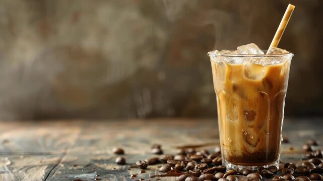 Iced coffee in glass with beans around