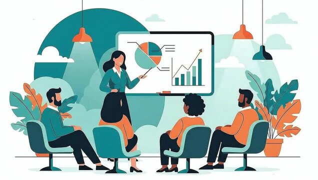 Businesswoman presents financial data charts on a screen to a diverse team in a seamless 2D flat design animation loop.