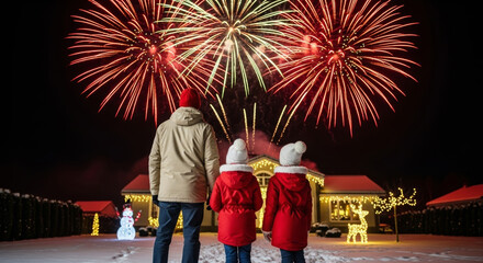 Family watching fireworks on christmas and new year night in front of decorated house with children wearing red coats and knit hats feeling joyful