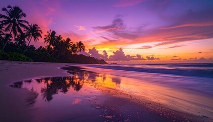 Tropical Beach Paradise at Sunset with Palm Trees Reflecting on Wet Sand and Ocean Waves