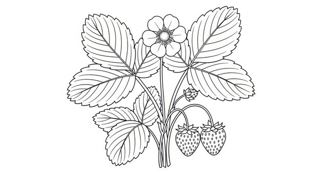Black and white illustration of a strawberry tree with flowers, leaves and two strawberries drawn in black and white, isolated on a white background