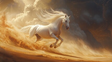White horse gallops through desert, with cloudy sky backdrop, for fantasy design use