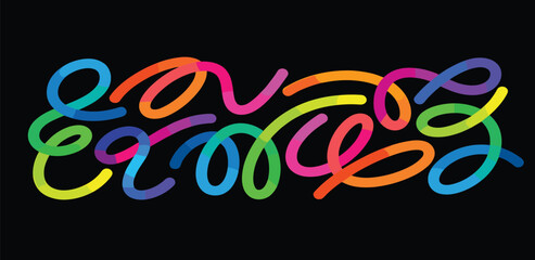 Obraz premium Vibrant abstract typography created with a continuous, flowing rainbow-colored line on a dark background, evoking a modern graffiti and neon light aesthetic