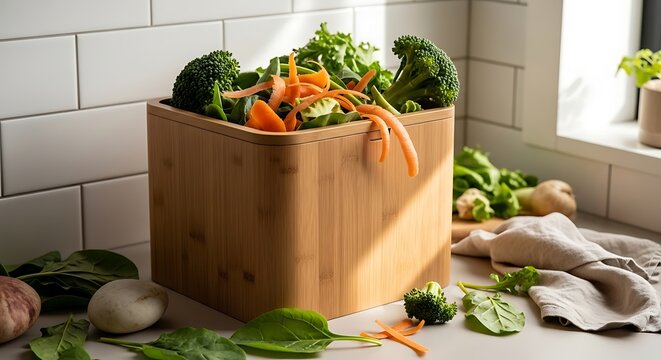 Eco-friendly kitchen compost with vegetable scraps in bamboo box - Powered by Adobe