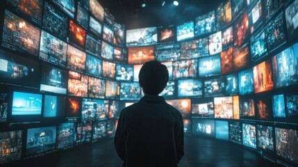 Person observing a wall of screens displaying data and images
