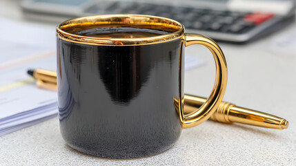 A black coffee cup with gold rim sits on a table next to a pen