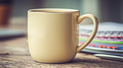 A white coffee cup sits on a wooden table with a pen and a stack of papers