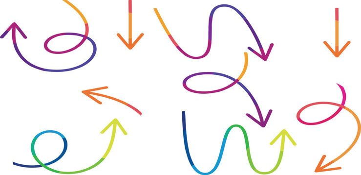 Dynamic and colorful set of hand-drawn squiggly arrows, illustrating varied directions and whimsical movement, ideal as playful graphic design elements or indicators