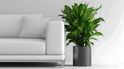 A white couch sits in front of a potted plant