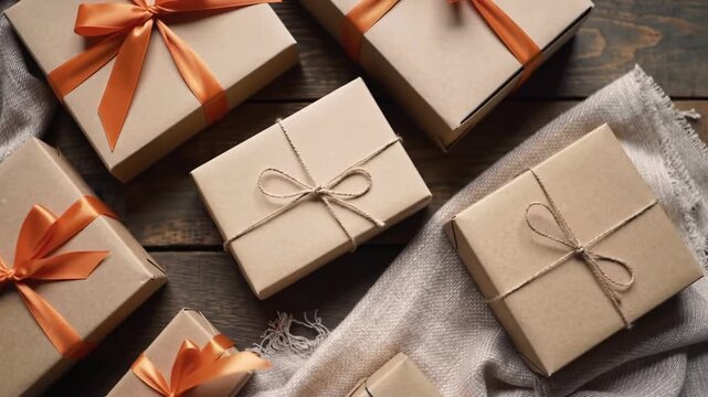 Gift boxes tied with orange ribbons and twine on wooden surface with soft cloth, for celebration or sale