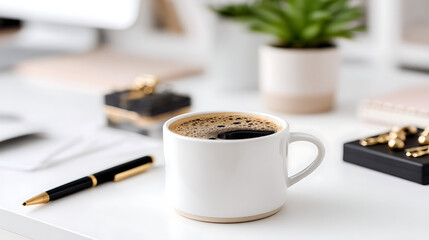 A white coffee cup with a black pen on a table