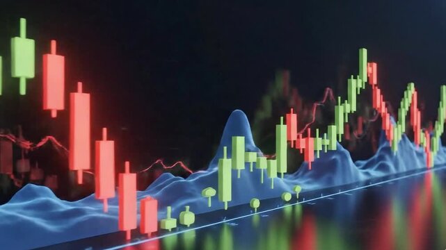 Blue Waveform and Candlestick Chart Representing Mixed Market Activity