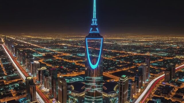 Kingdom Centre Tower: Riyadh's Illuminated Skyline at Night, Urban Majesty