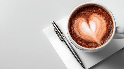 A cup of coffee with a heart design on it sits on top of a piece of paper