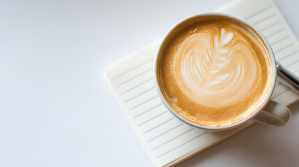 A cup of coffee with a white swirl on top sits on a white sheet of paper