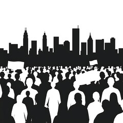 A black and white illustration depicts a crowd of people protesting in front of a city skyline.