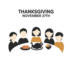 An illustration depicts a family gathered around a table with Thanksgiving food.