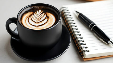 A black coffee cup with a leaf design sits on a black saucer on a table