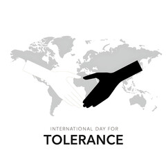 A black and white handshake is depicted over a world map, promoting international tolerance.