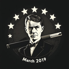 A grayscale illustration depicts a stern-faced man in a tuxedo, with a telescope over his shoulder and surrounded by stars.