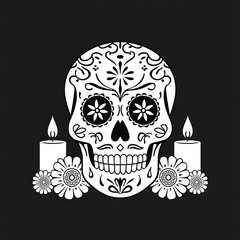 A stylized skull with intricate designs is flanked by candles and flowers against a dark background.