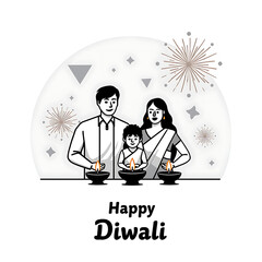 A family is celebrating the Diwali festival with lit oil lamps, in a minimalist style.