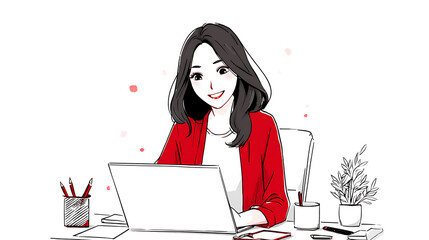 A woman is sitting at a desk with a laptop and a potted plant