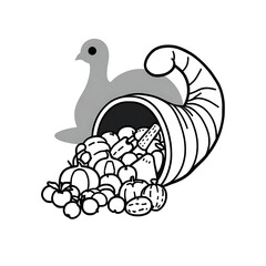 A black and white drawing depicts a cornucopia overflowing with fruits and vegetables, with a gray bird.