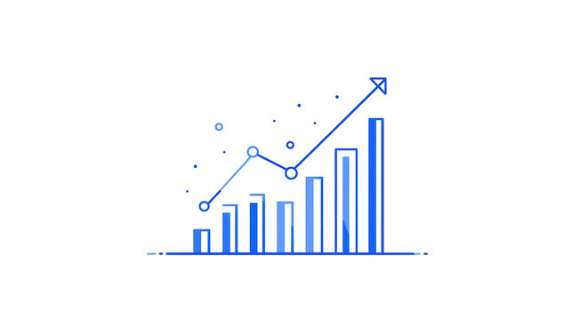 A blue and white graph with a line going up and a triangle pointing to the right